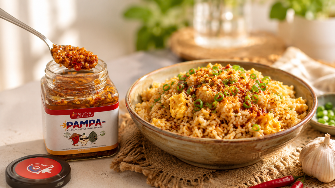 PAMPA- garlic egg fried rice in a bowl with the Spicy & Garlicky jar